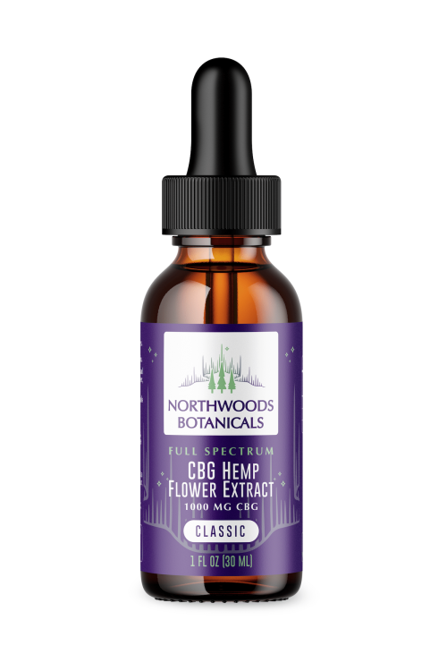 Northwoods Botanicals Full Spectrum CBG Hemp Flower Extract 1000MG, with a timeless Classic flavor, showcased in its elegant packaging.