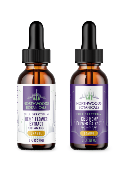 Two bottles of orange flavored goodness: one bottle contains 500mg CBD, the other 500mg CBG, offering a dynamic duo of wellness from Northwoods Botanicals.