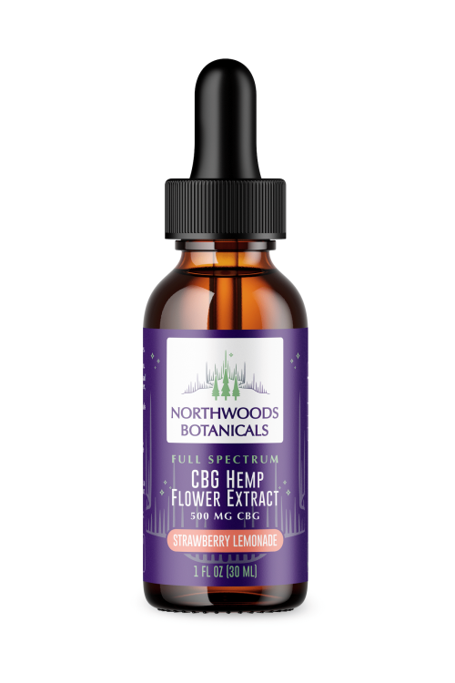 Northwoods Botanicals Full Spectrum CBG Hemp Flower Extract 500MG, flavored with delightful Strawberry Lemonade, displayed in its appealing packaging.