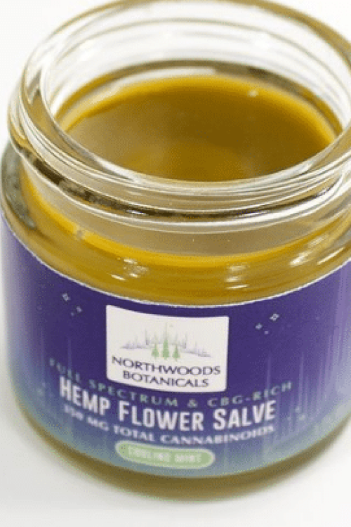 Hemp Flower Salve: 350MG Full Spectrum & CBG Rich Cannabinoids, Revealed in an Open Jar from Northwoods Botanicals