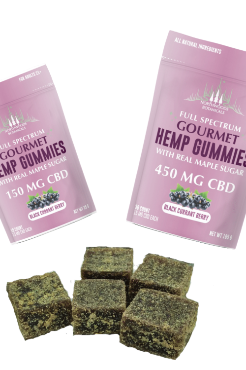 Side-by-side presentation of CBD Gummies, featuring both 150mg and 450mg options, showcasing the packaging and the actual products for a comprehensive comparison.