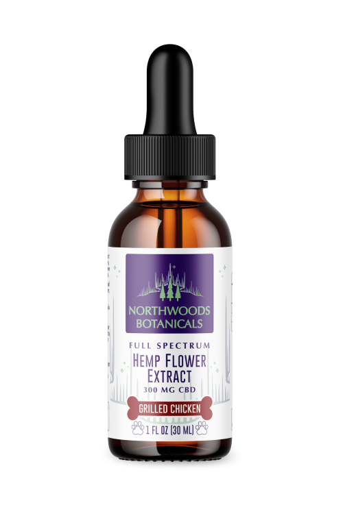 Northwoods Botanicals Full Spectrum Hemp Flower Extract 300MG in Grilled Chicken flavor, designed for pets, showcased in its packaging.
