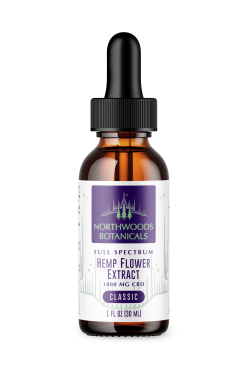 Northwoods Botanicals Full Spectrum Hemp Flower Extract 1000MG, offering a classic CBD experience, elegantly showcased in its packaging.