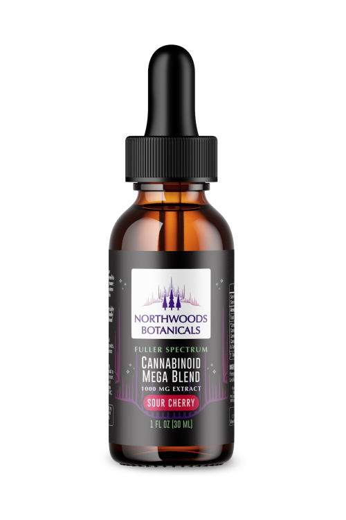 Northwoods Botanicals Fuller Spectrum Cannabinoid Mega Blend 1000MG Extract Product, featuring the tangy allure of Sour Cherry, elegantly displayed in its packaging.