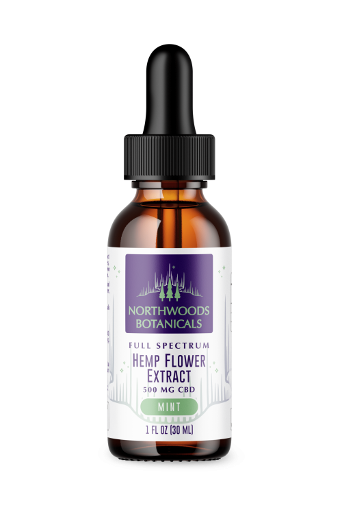 Northwoods Botanicals Full Spectrum Hemp Flower Extract 500MG in refreshing Mint flavor, featured in its sleek and modern packaging.